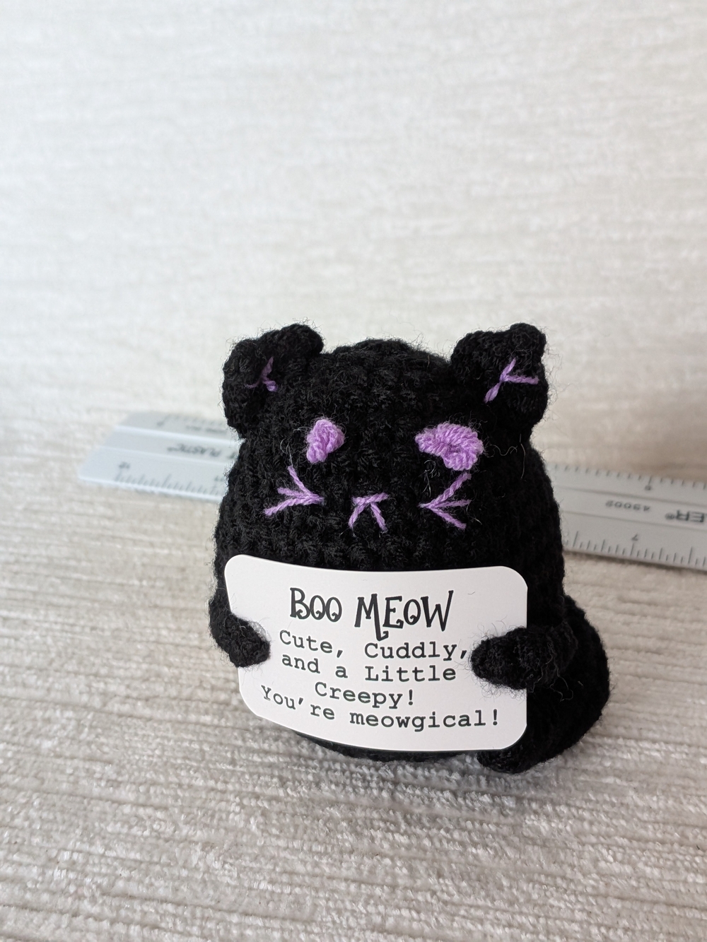 Crochet Cat Plush - Holding Humorous Sign About 3" Tall